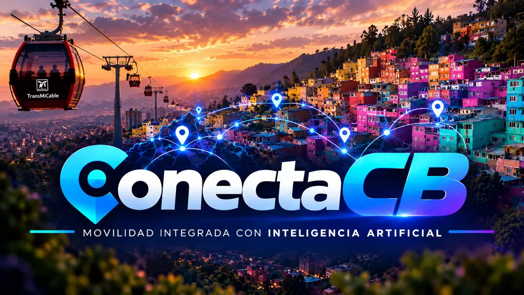 ConectaCB: movilidad integrada con inteligencia artificial. TransMiCable al atardecer sobre las laderas de Ciudad Bolívar.